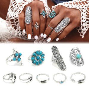 Amazing 9 pieces Bohemian Turquoise Arrow Ethnic Boho rings